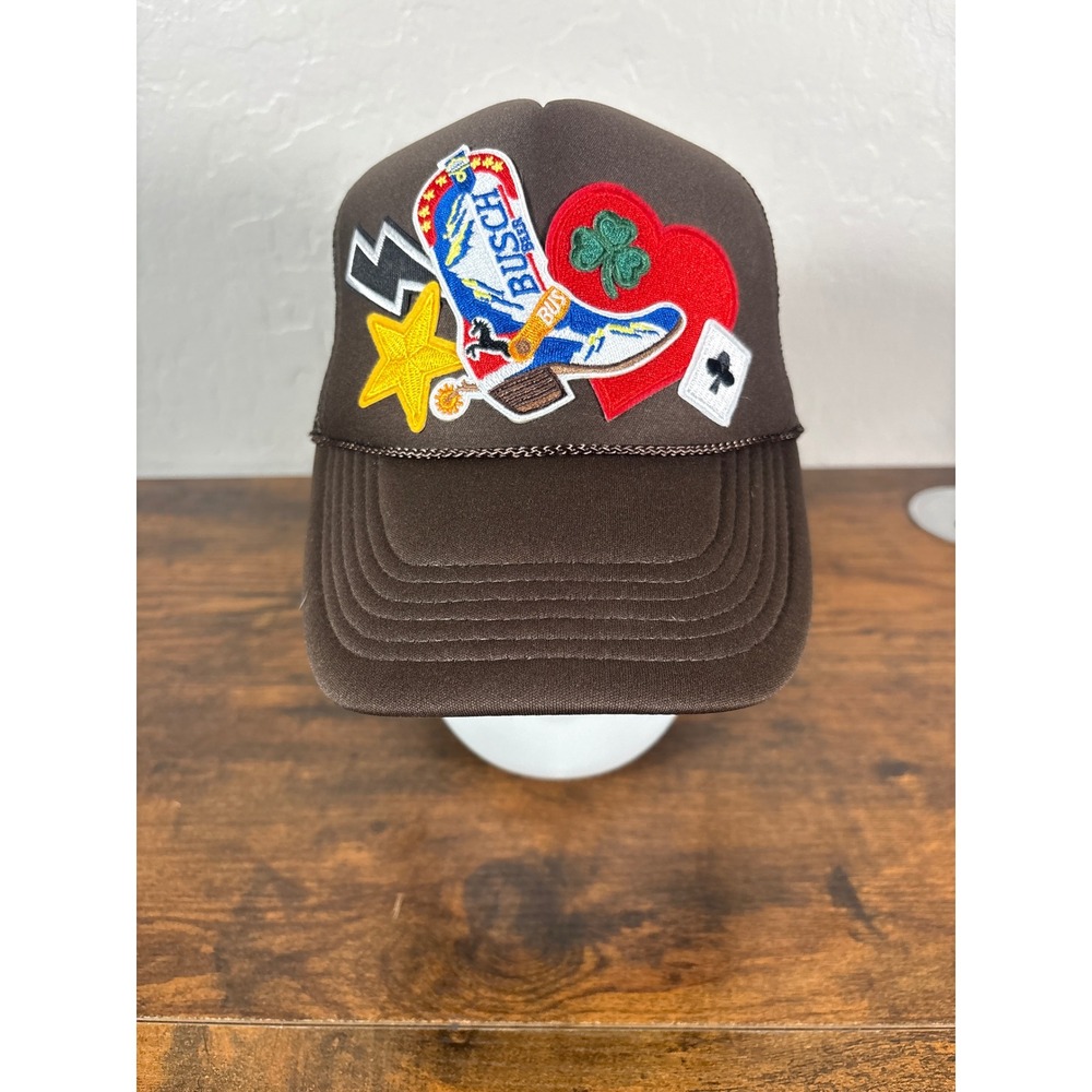 Nissun Brown Trucker Hat Busch Beer Boot Heart Shamrock Patch Snapback Cap